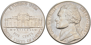 США 5 ЦЕНТОВ 1998 D ДЖЕФФЕРСОН KM A192 медно-никель 190-225