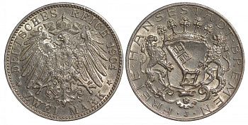 Бремен 2 марки 1904 J, Weege 59, J. 59, KM 250 серебро 00-815-70