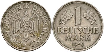 ФРГ 1 марка 1969 F KM 110, J. 385 медно-никель 4159-1113