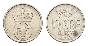 Норвегия 10 эре 1960 пчела, Улаф V (1958-1991) KM 411 медно-никель 4705-841