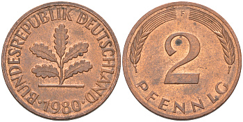 ФРГ 2 пфеннига 1980 F KM 106а, J. 381а сталь плакированная медью 55-1231