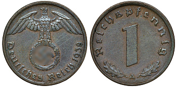 ГЕРМАНИЯ 1 РЕЙХСПФЕННИГ 1938 A J 361, KM 89 бронза 72-1624