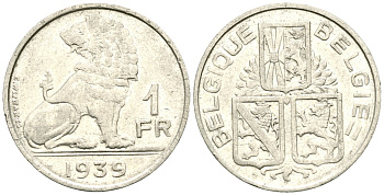 Бельгия 1 франк 1939 BELGIQUE - BELGIE KM 119 никель 4177-1031