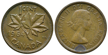 Канада 1 цент 1964 Елизавета II (1952-2022), кленовый лист KM 49 бронза 46-1356
