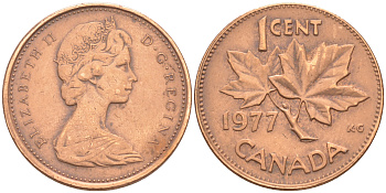 Канада 1 цент 1977 Елизавета II (1952-2022), кленовый лист KM 59.1 бронза 188-755