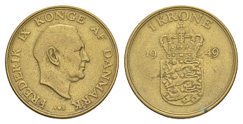 Дания 1 крона 1949 N, Фредерик IX (1947-1972) KM 837 алюминиевая бронза 4638-725