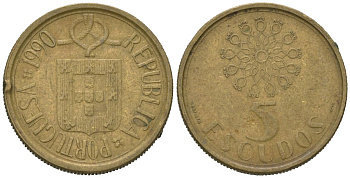 Португалия 5 эскудо 1990 KM 632 никель латунь 4618-367