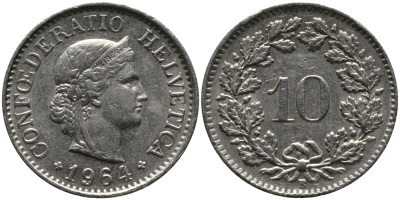 ШВЕЙЦАРИЯ 10 РАППЕНОВ 1964 В KM 27 медно-никель 96-1129