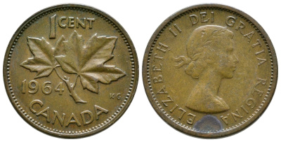 Канада 1 цент 1964 Елизавета II (1952-2022), кленовый лист KM 49 бронза 46-1356