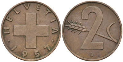 Швейцария 2 раппена 1957 В KM 47 бронза 4591-1141