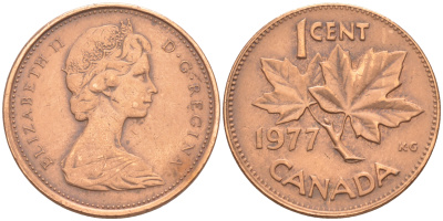 Канада 1 цент 1977 Елизавета II (1952-2022), кленовый лист KM 59.1 бронза 188-755
