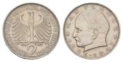 ФРГ 2 марки 1958 D, Макс Планк KM 116, J. 392 медно-никель 3856-647