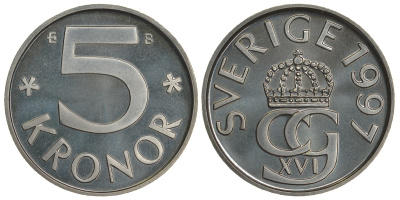 Швеция 5 крон 1997 B Карл XVI Густав (1973- ) KM 853a медно-никель PROOFLIKE 4680-433