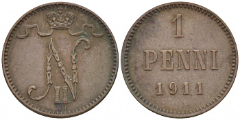Россия для Финляндии 1 пенни 1911 Николай II (1894-1917) KM 13, Биткин 471 медь 4396-1323