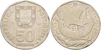 ПОРТУГАЛИЯ 50 ЭСКУДО 1987 ПАРУСНИК KM 636 медно-никель 4545-836
