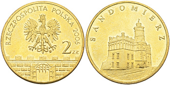 Польша 2 злотых 2006 MW, серия польские города, Сандомир KM 550 латунь 4586-1233