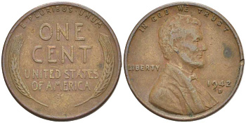 США 1 ЦЕНТ 1942 D, ЛИНКОЛЬН KM 132 бронза 218-913