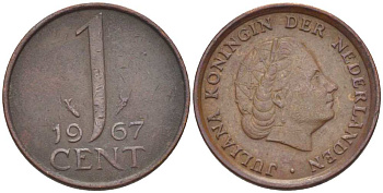 НИДЕРЛАНДЫ 1 ЦЕНТ 1967 КОРОЛЕВА ЮЛИАНА KM 180 бронза 3955-131