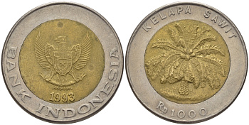 ИНДОНЕЗИЯ 1000 РУПИЙ 1993 ПАЛЬМА KM 56 биметалл 67-913