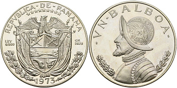 Панама 1 бальбоа 1973 Васко Нуньес де Бальбоа KM 27 серебро PROOF 00-000-00