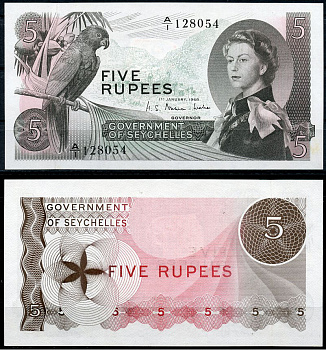 Сейшельские острова 5 рупий 1968 Елизавета II (1952-2022), черный попугай Pick 14 a  бумага  UNC (пресс) 451-721-2