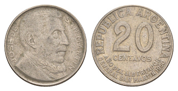 Аргентина 20 сентаво 1950 100 лет со дня смерти Хосе де Сан Мартина KM 45 медно-никель 4649-944