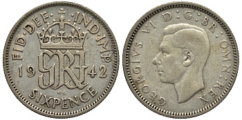 Великобритания 6 пенсов 1942 Георг VI (1936-1952) KM 852, Spink 4084 серебро 4538-446