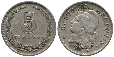 Аргентина 5 сентаво 1922 голова свободы влево KM 34 медно-никель 4528-226