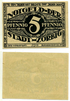 Цёрбиг 5 пфеннигов 1921 30 сентября 1921, нотгельд , земля Саксония-Анхальт Grabowski 1475.1 бумага 2195-27-1-1