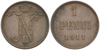 Россия для Финляндии 1 пенни 1911 Николай II (1894-1917) KM 13, Биткин 471 медь 4396-1323