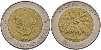 ИНДОНЕЗИЯ 1000 РУПИЙ 1993 ПАЛЬМА KM 56 биметалл 67-913