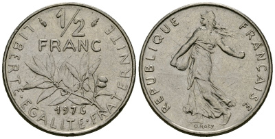 Франция 1/2 франка 1976 сеятель KM 931 никель 4135-713