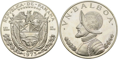 Панама 1 бальбоа 1973 Васко Нуньес де Бальбоа KM 27 серебро PROOF 00-000-00
