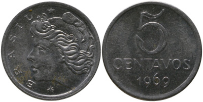 Бразилия 5 сентаво 1969  голова свободы влево KM 577.2, Schon 82a нержавеющая сталь aUNC 4567-921