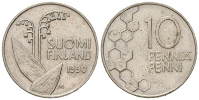 Финляндия 10 пенни 1990 M KM 65 медно-никель aUNC 99-1054