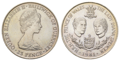 Гернси 25 пенсов 1981 Свадьба Принца Чарльза и Леди Дианы KM 36 медно-никель UNC 11-069-41