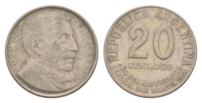 Аргентина 20 сентаво 1950 100 лет со дня смерти Хосе де Сан Мартина KM 45 медно-никель 4649-944