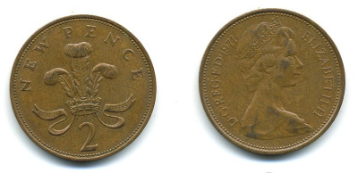 Великобритания 2 пенса 1971 Елизавета II (1952-2022) КМ 916, Spink 4235 (C1) бронза 4110-544