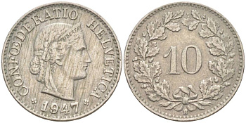 ШВЕЙЦАРИЯ 10 РАППЕНОВ 1947 В KM 27 медно-никель 206-268
