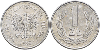 ПОЛЬША 1 ЗЛОТЫЙ 1986 MW KM 49.2, Parchimowicz 214a алюминий 216-843