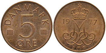 ДАНИЯ 5 ЭРЕ 1977 S; B, МАРГРЕТЕ II (1972-) KM 859.1 железо плакированное медью 116-154
