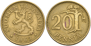 ФИНЛЯНДИЯ 20 ПЕННИ 1963 S KM 47 алюминиевая бронза 4566-436
