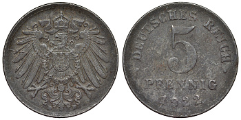 Германия 5 пфеннигов 1922 D KM 19, J. 297, Weege 5 железо 4118-1212
