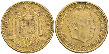 ИСПАНИЯ 1 ПЕСЕТА 1947 (49) ФРАНСИСКО ФРАНКО ДИКТАТОР ИСПАНИИ (1939-1975) KM 775 алюминиевая бронза 4561-812