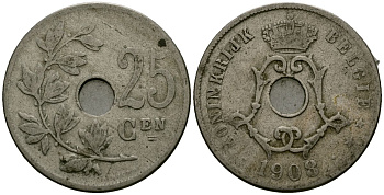 Бельгия 25 сантимов 1908 Belgie KM 63 медно-никель 4165-641