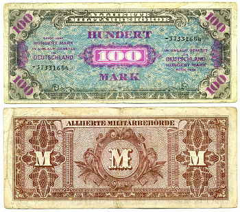 Германия, оккупация союзниками 100 марок 1944 8 цифр, без кода, выпуск СССР Pick 197 d, Розенберг 206 d бумага 7207-40-2