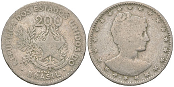 Бразилия 200 реалов 1901 MCMI, голова свободы вправо KM 504 медно-никель 4612-123