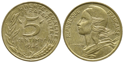 ФРАНЦИЯ 5 САНТИМОВ 1986 ТИП MARIANNE KM 933 медь алюминий никель 93-1314