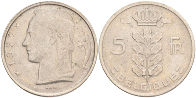 БЕЛЬГИЯ 5 ФРАНКОВ 1977 BELGIQUE KM 134.1 медно-никель 4556-555