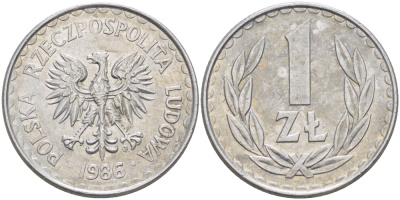 ПОЛЬША 1 ЗЛОТЫЙ 1986 MW KM 49.2, Parchimowicz 214a алюминий 216-843